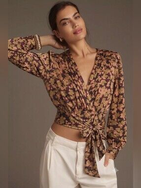 Anthropologie Tie Blouse size Small burgundy green & tan